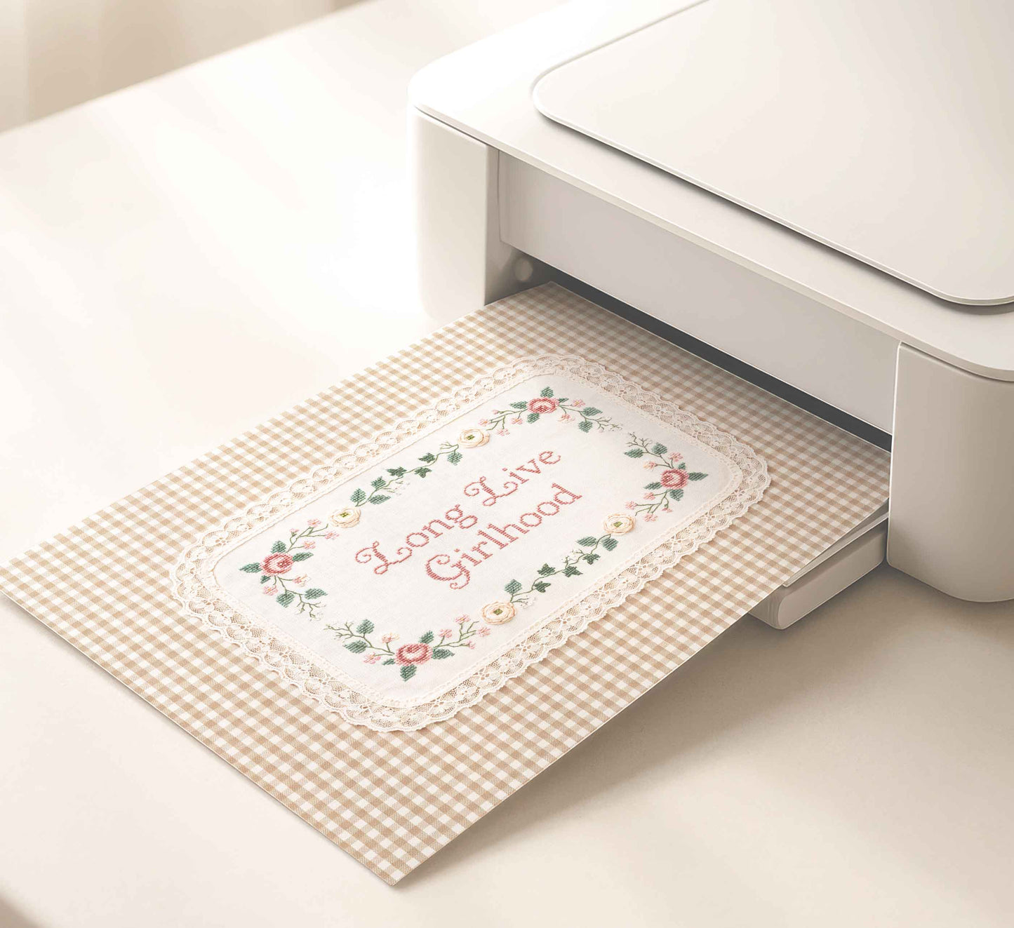 Faux embroidery cottagecore print with lace edged panel for a girls nursery