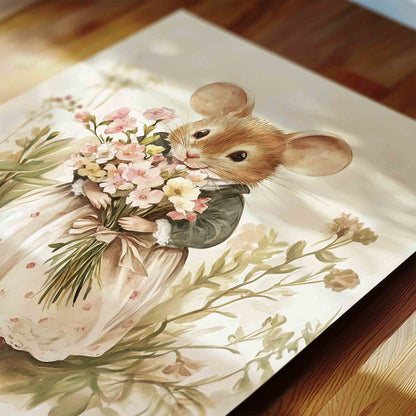 Toile and Floral Nursery Wall Art Set with Mouse and Blue Ribbon