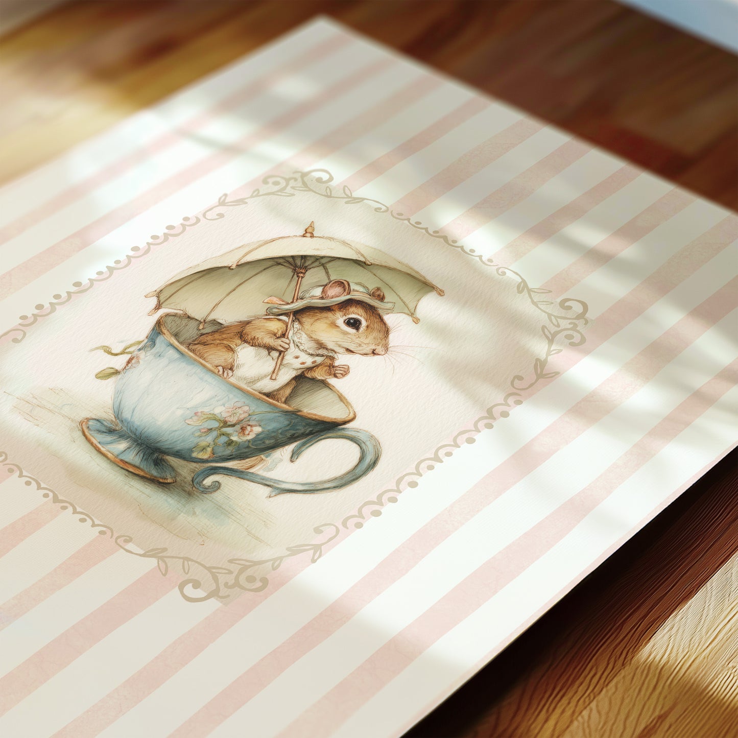 Illustration of a squirrel in a teacup on a striped surface