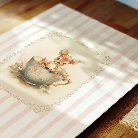 Placemat with a cute illustration of a deer peeking out from a teacup on a striped surface.