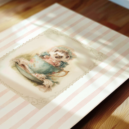 Printable wall art of a vintage hedgehog in a teacup with bonnet and books, pink striped background, cottagecore woodland nursery décor.
