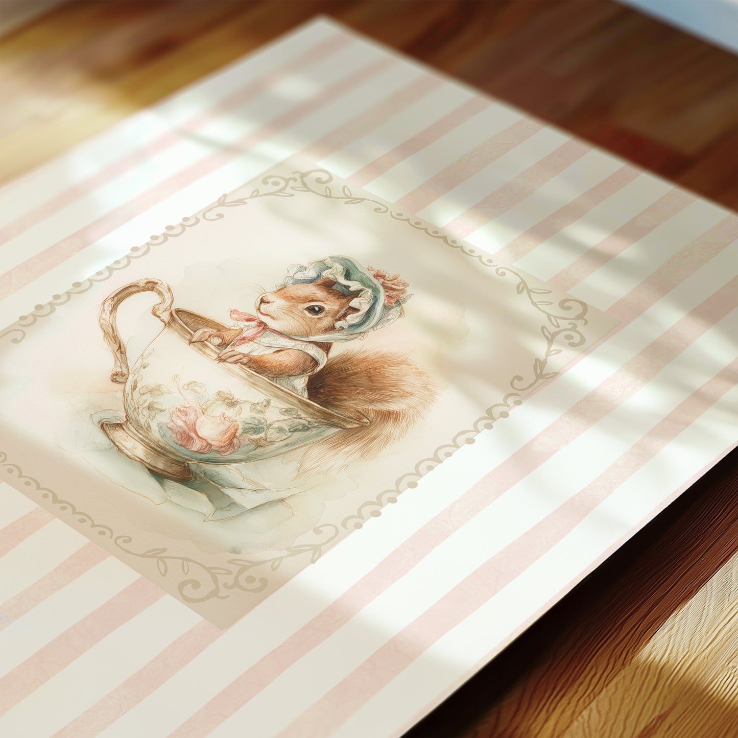 Printable nursery art of a vintage squirrel in a teacup with bonnet, pink stripe background, woodland animal theme for girl’s room.