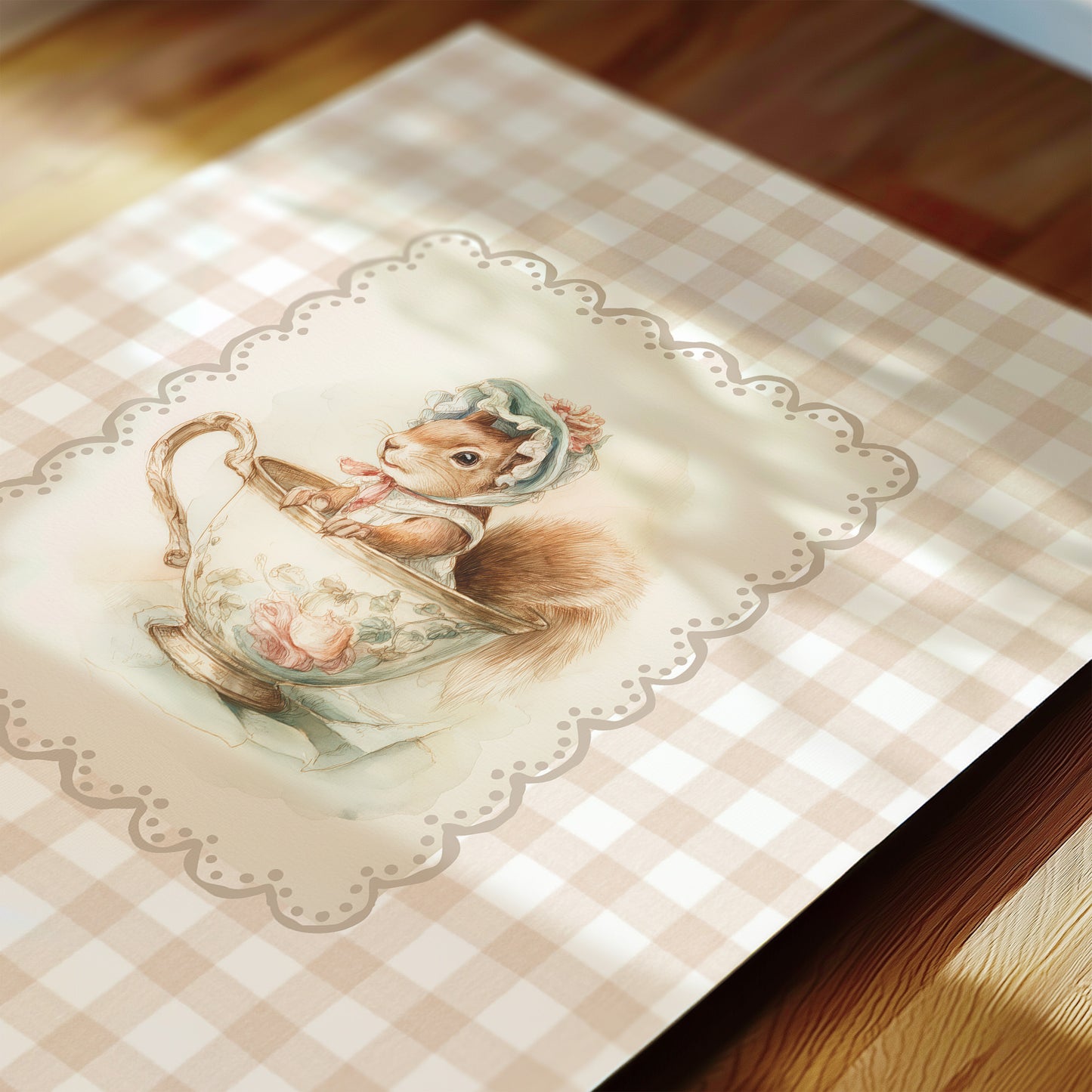 Placemat with a decorative design of a squirrel in a teacup on a checkered tablecloth.