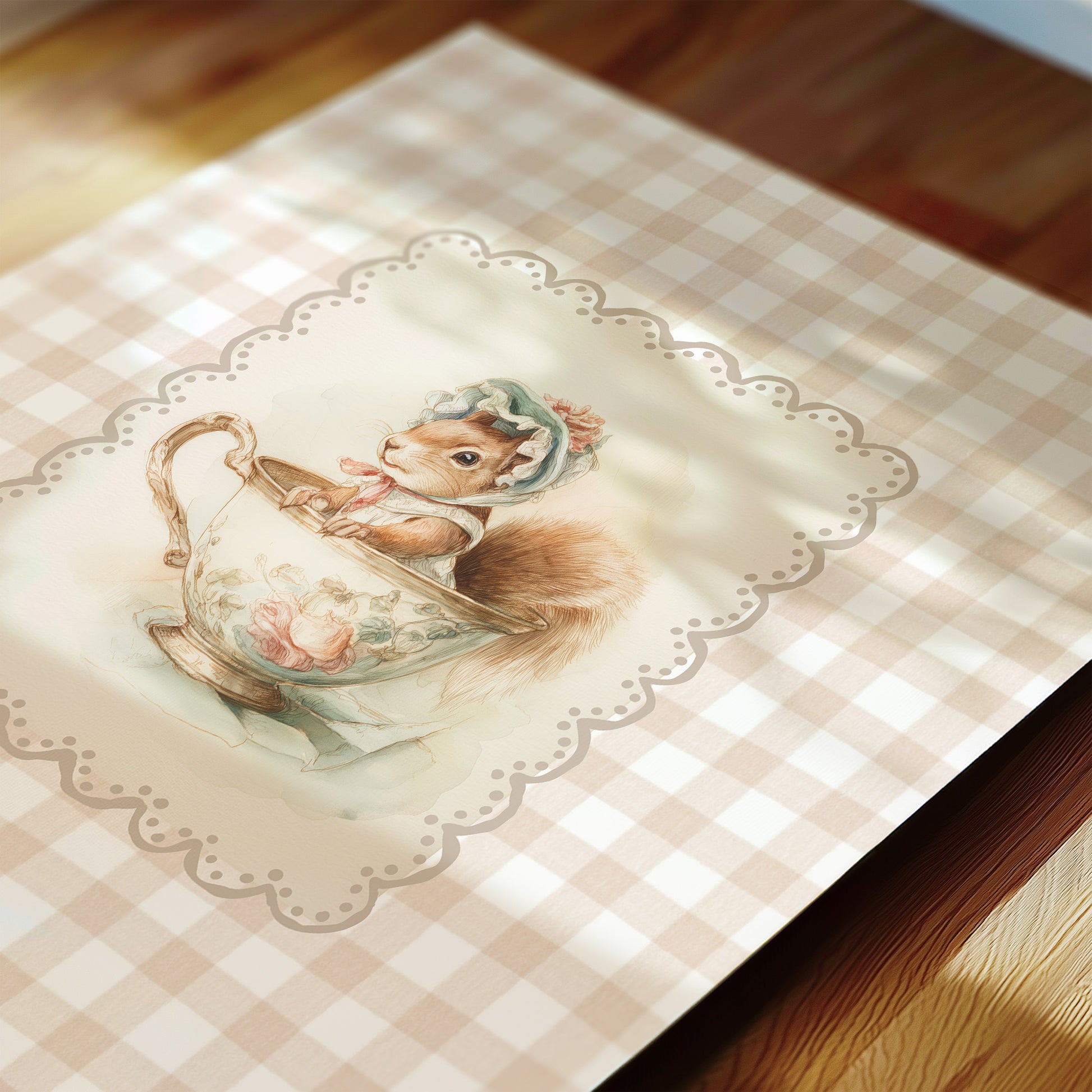 Placemat with a decorative design of a squirrel in a teacup on a checkered tablecloth.