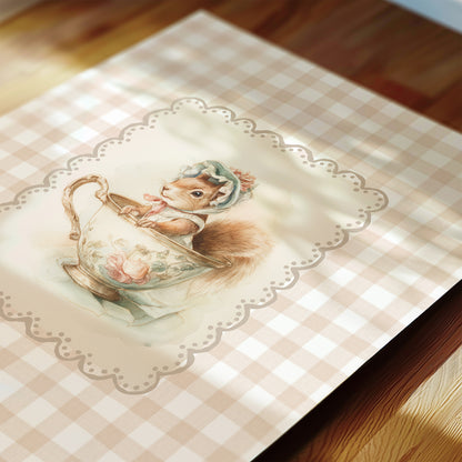 Placemat with a decorative design of a squirrel in a teacup on a checkered tablecloth.