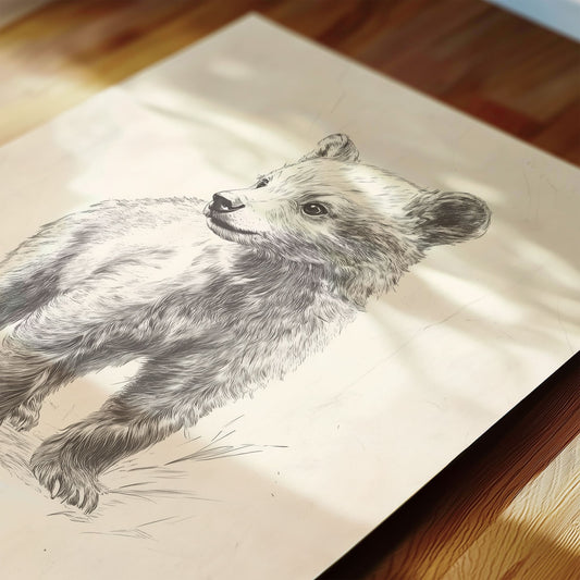 Monochrome pencil sketch woodland animal close up print for a vintage nursery room