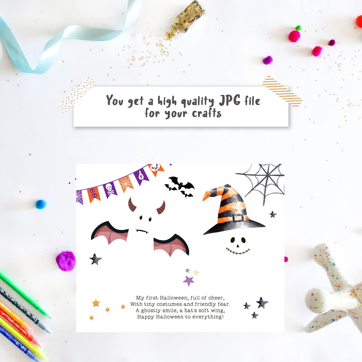 Baby first Halloween handprint and footprint art template with bat and pumpkin design