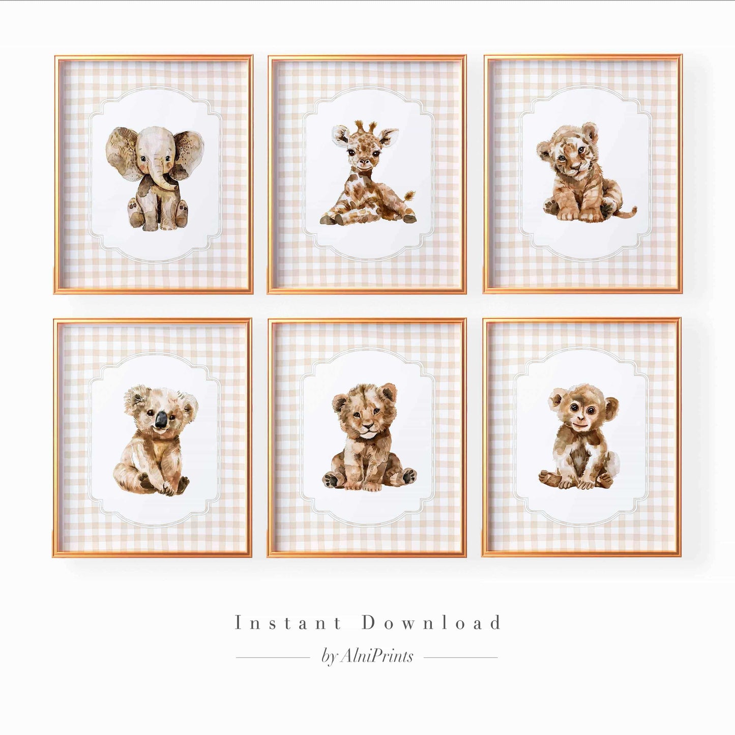 giraffe, elephant, tiger, lion, koala, monkey beige zoo animals print
