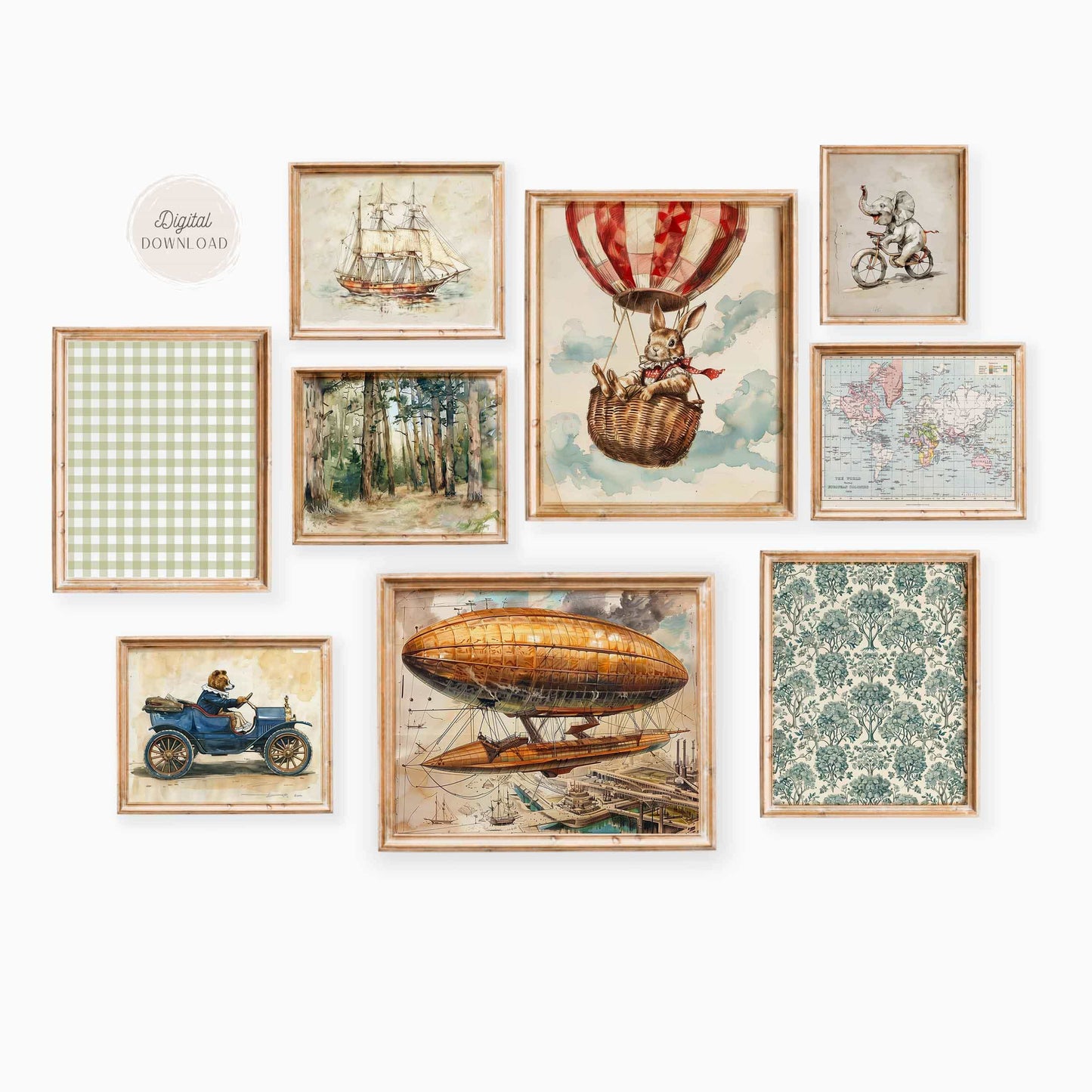 Vintage Nursery Gallery wall art for boy - Adventure Set of 9 prints