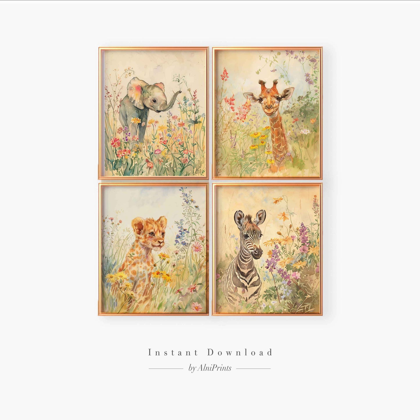 elephant, giraffe, lion, zebra with wildflowers nursery wall art print