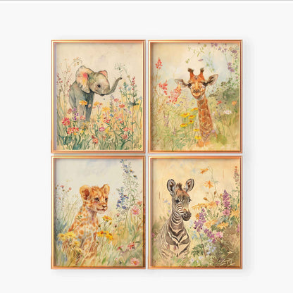 elephant, giraffe, lion, zebra with wildflowers nursery wall art print