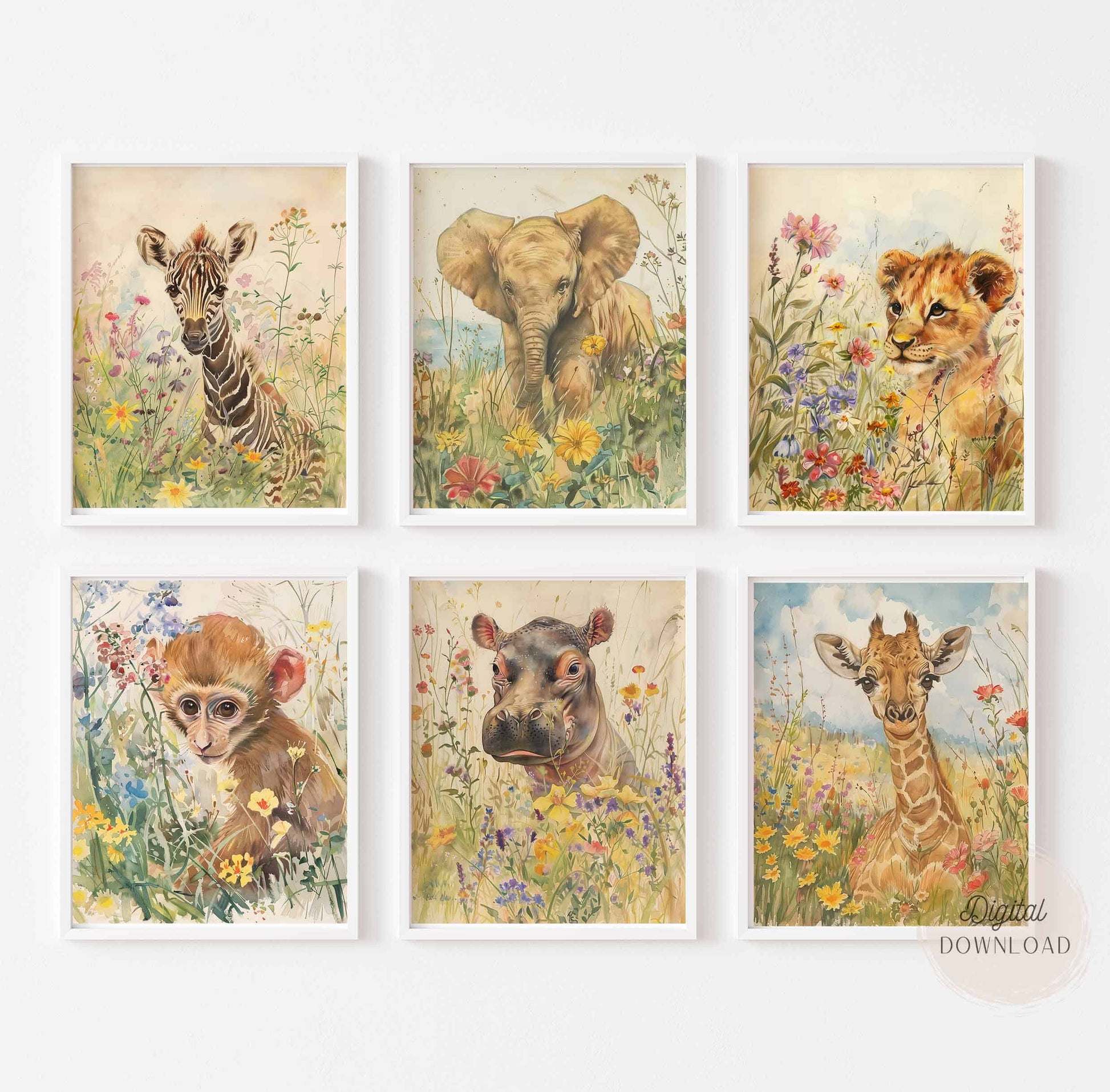 elephant, giraffe, lion, zebra, hippopotamus, monkey in meadow wall art printable