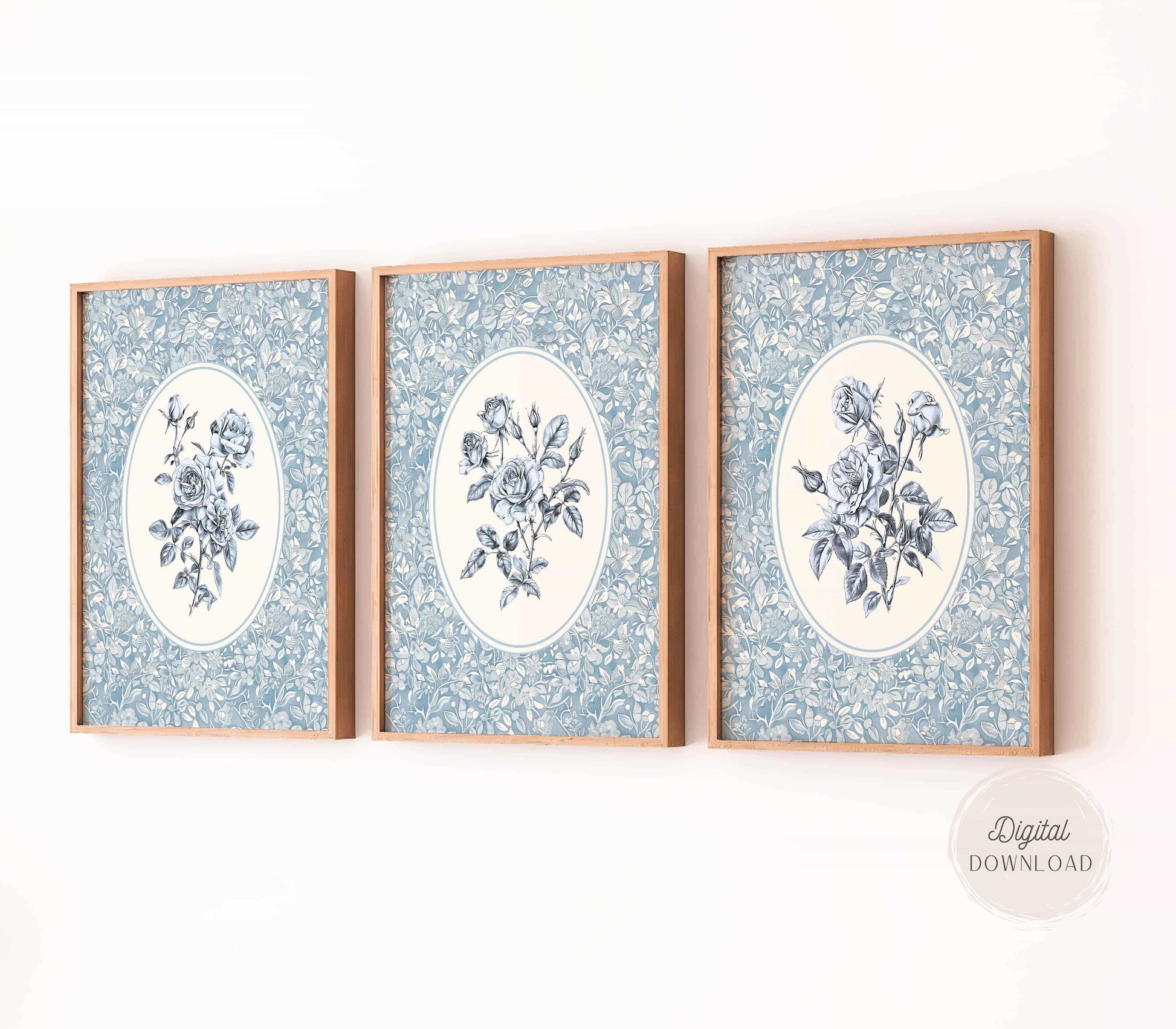 Antique Blue Rose Bouquet Sketch - Set of 3