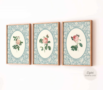 Vintage Pink Rose Bouquet on Blue Print