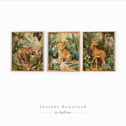 Jungle Animals Nursery Art Print featuring Elephant, Giraffe, and Lion