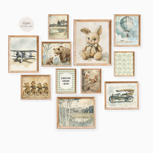 Vintage Nursery Gallery wall art for Boy in sage green and pale blue