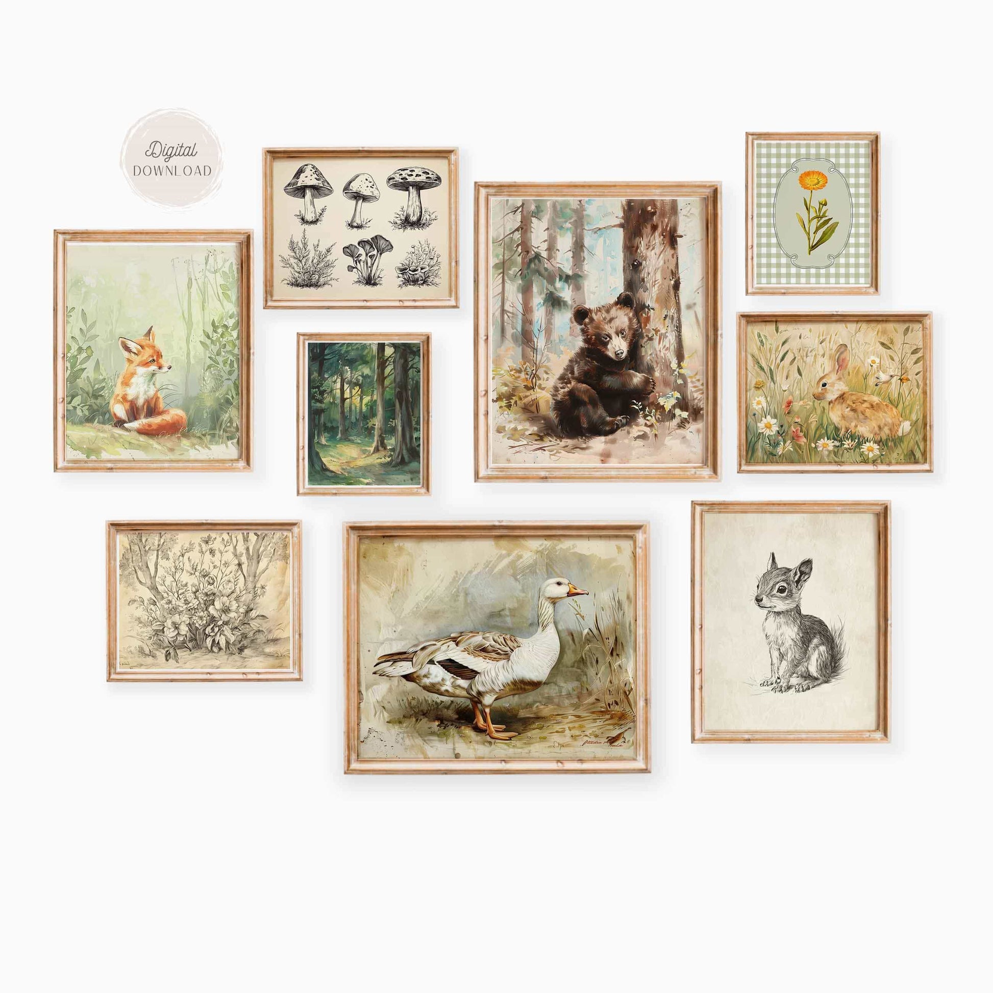 Vintage Nursery Gallery wall art - Woodland  Set of 9 prints