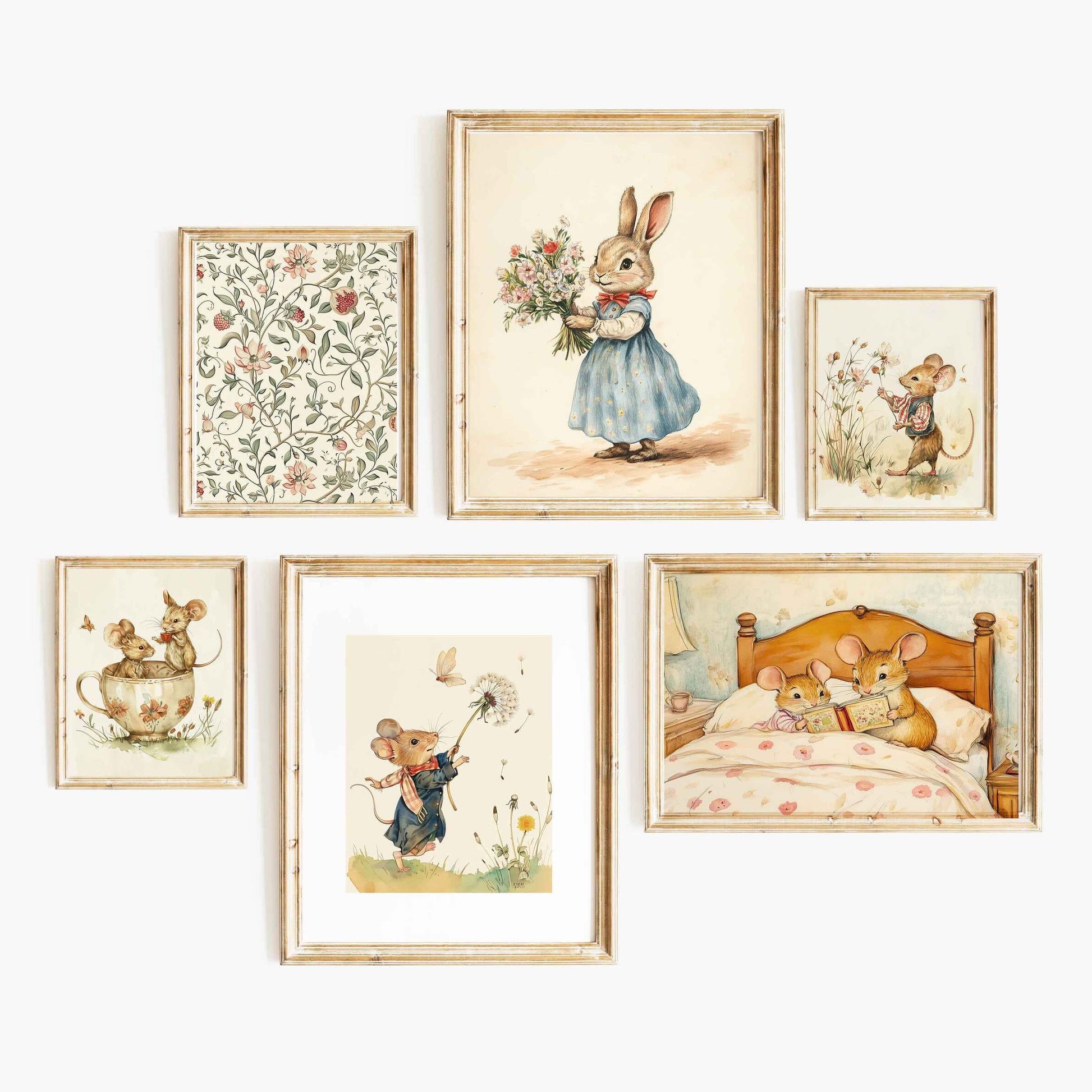 Six-piece whimsical vintage nursery wall art set featuring bunny and mouse illustrations, florals, and soft cottage-inspired details.
