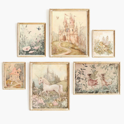 Six-piece whimsical vintage nursery wall art set featuring fairies, a unicorn, floral scenes, and soft castle illustrations.
