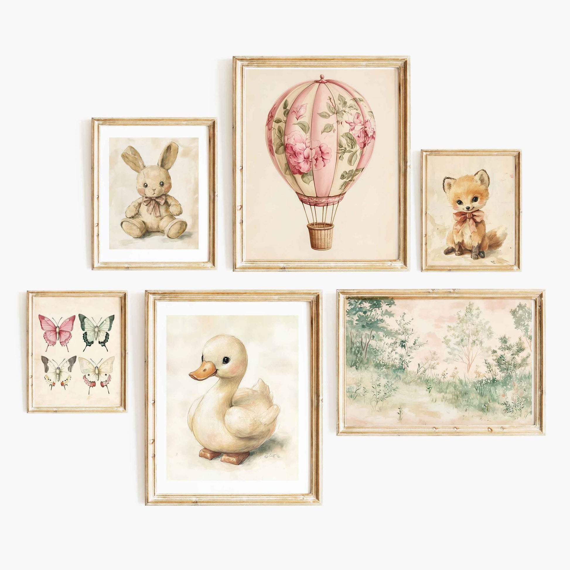Six-piece whimsical vintage nursery wall art set with a hot air balloon, duckling, bunny, fox, butterflies, and a soft nature scene.
