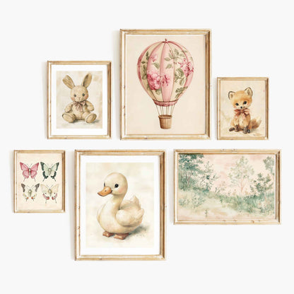 Six-piece whimsical vintage nursery wall art set with a hot air balloon, duckling, bunny, fox, butterflies, and a soft nature scene.
