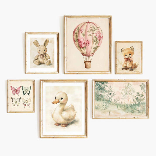 Six-piece whimsical vintage nursery wall art set with a hot air balloon, duckling, bunny, fox, butterflies, and a soft nature scene.
