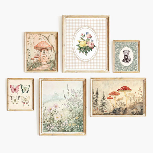Six-piece whimsical vintage nursery wall art set with florals, butterflies, woodland illustrations, mushrooms, and a soft cottage-inspired nature scene.
