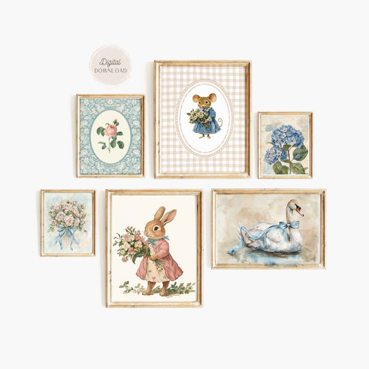 Hydrangeas print, Swan print, Bunny print, ribbon print,  roses print