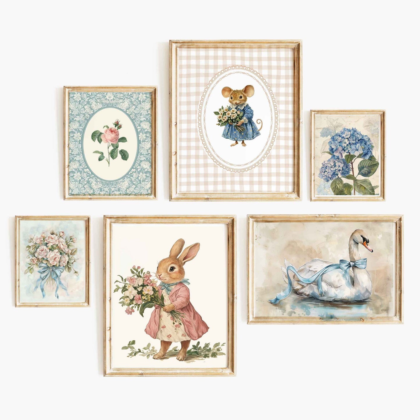 Six-piece whimsical and vintage nursery wall art set with bunny, mouse, swan, florals, and soft cottage-style patterns.
