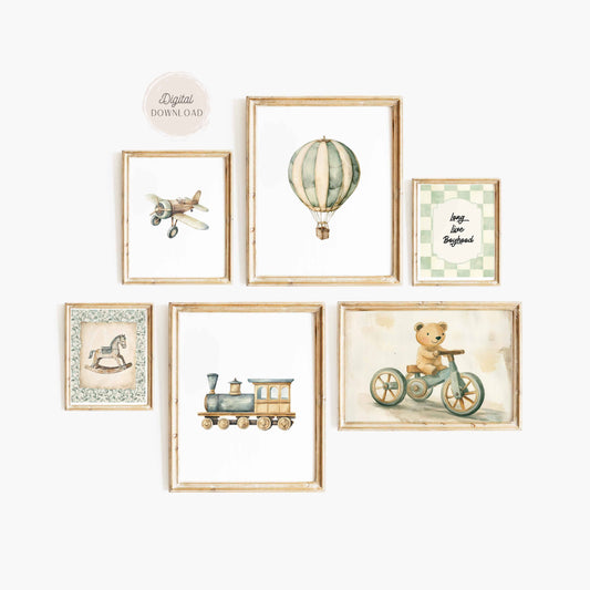 Vintage Transport Vehicles Prints, Sage Green print boys room, Travel nursery, long live boyhood