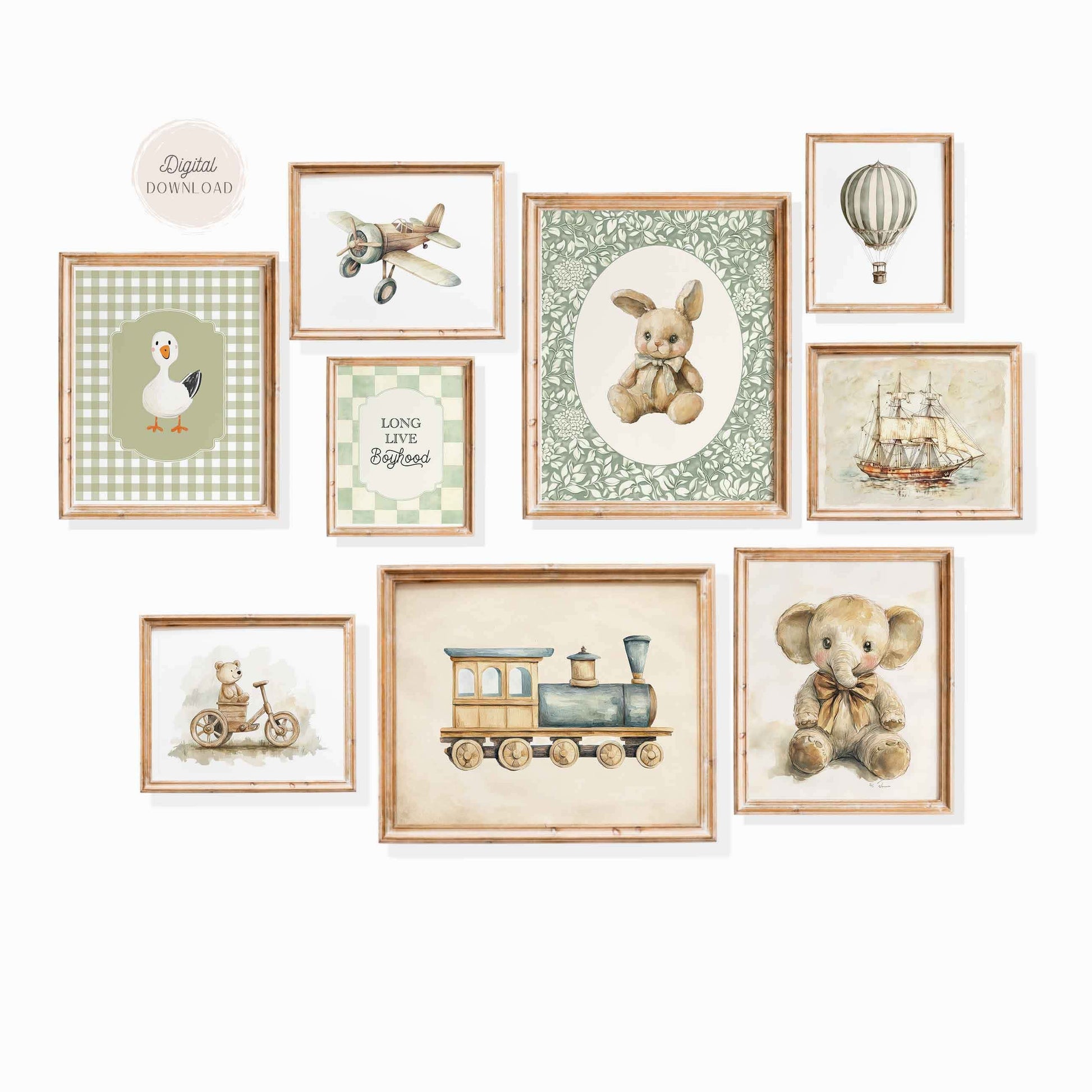 Vintage Whimsical Nursery Gallery for boys, Enchanting Sage Green prints, Antique Abstract, Set of 9 printable, Transport bunny Goose