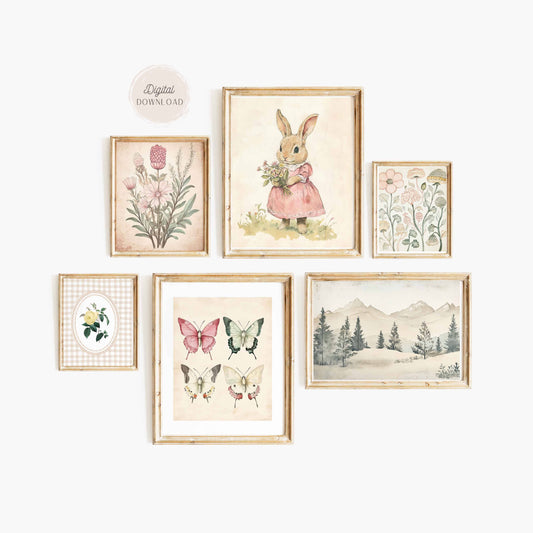 Whimsical Vintage Wall art for Girls, Nature Antique, Bunny, butterflies, wildflowers, mountains