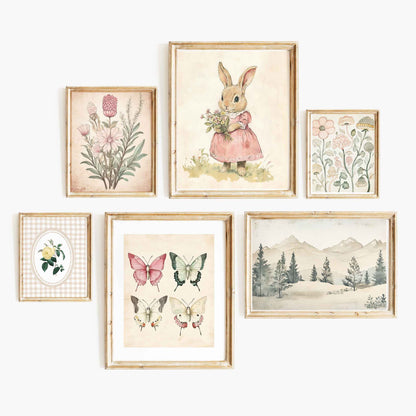 Six-piece nursery wall art set with whimsical touches, vintage charm, and cottagecore accents featuring a bunny, florals, butterflies, and a mountain landscape.
