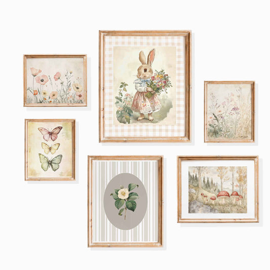 Six-piece whimsical cottagecore vintage nursery wall art gallery featuring a rabbit illustration, butterflies, florals, botanical art, and woodland scenery.
