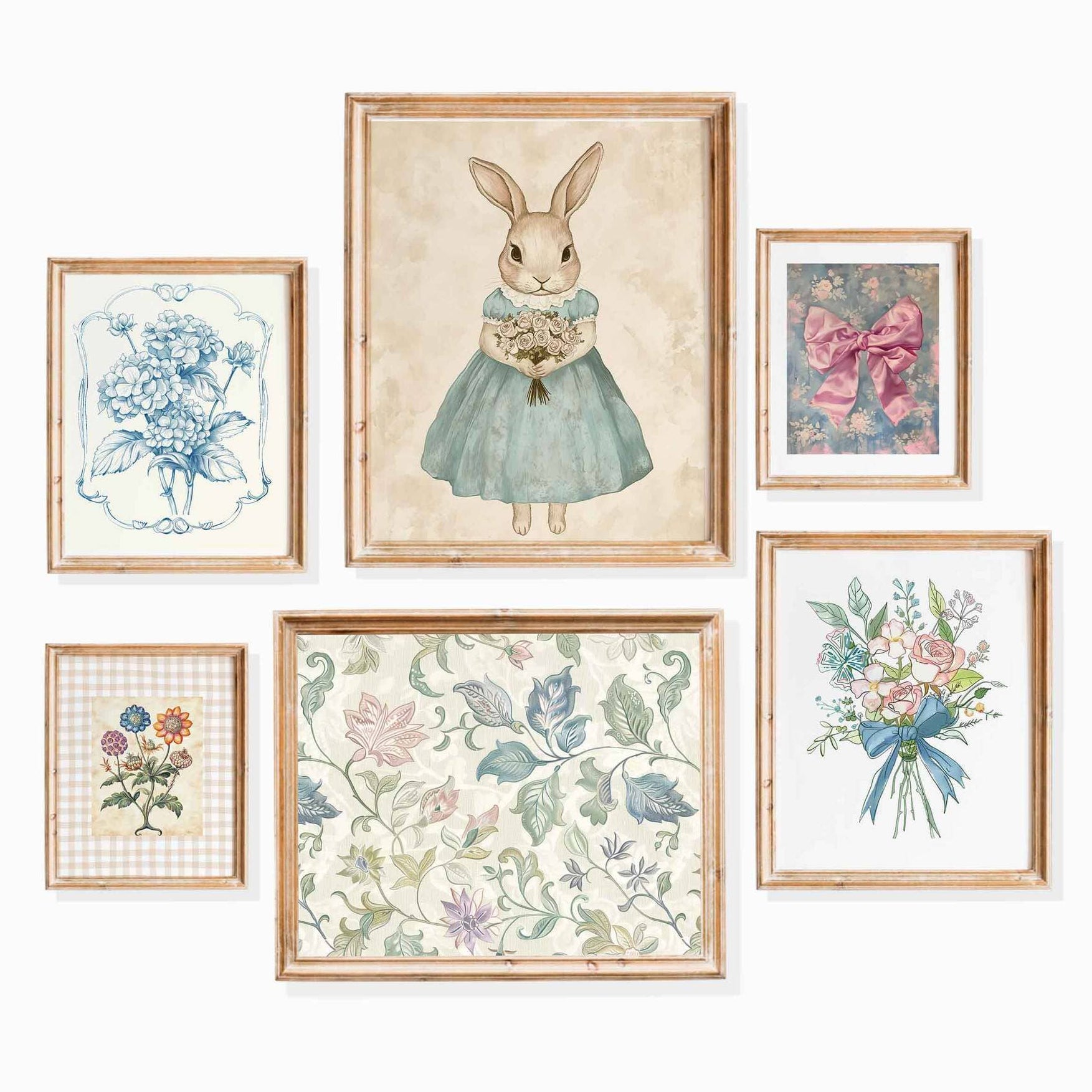 Six-piece whimsical vintage nursery wall art set with a bunny illustration, florals, bow artwork, and soft cottage-style patterns.
