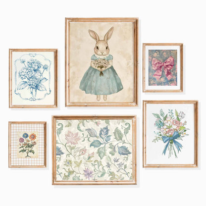 Six-piece whimsical vintage nursery wall art set with a bunny illustration, florals, bow artwork, and soft cottage-style patterns.
