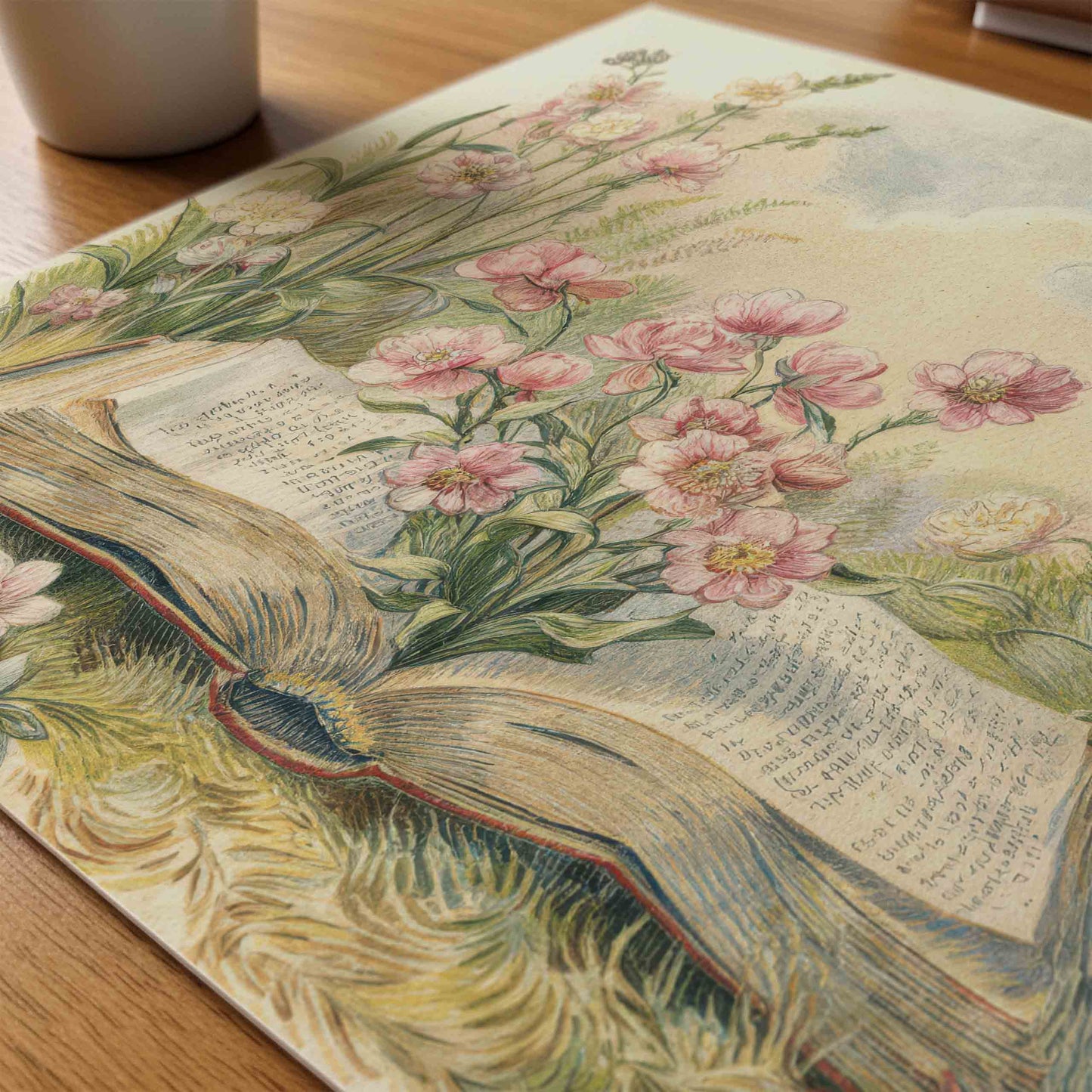 Open storybook with roses watercolor print for a fairytale nursery room
