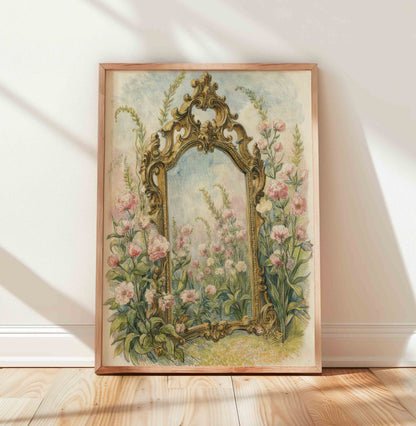 Ornate gold mirror with roses print for a vintage fairytale princess nursery room