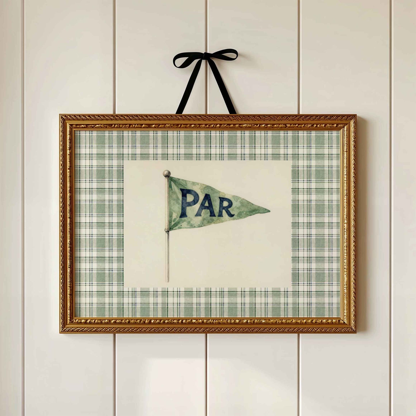PAR pennant flag print on sage plaid styled hanging for a vintage golf nursery room