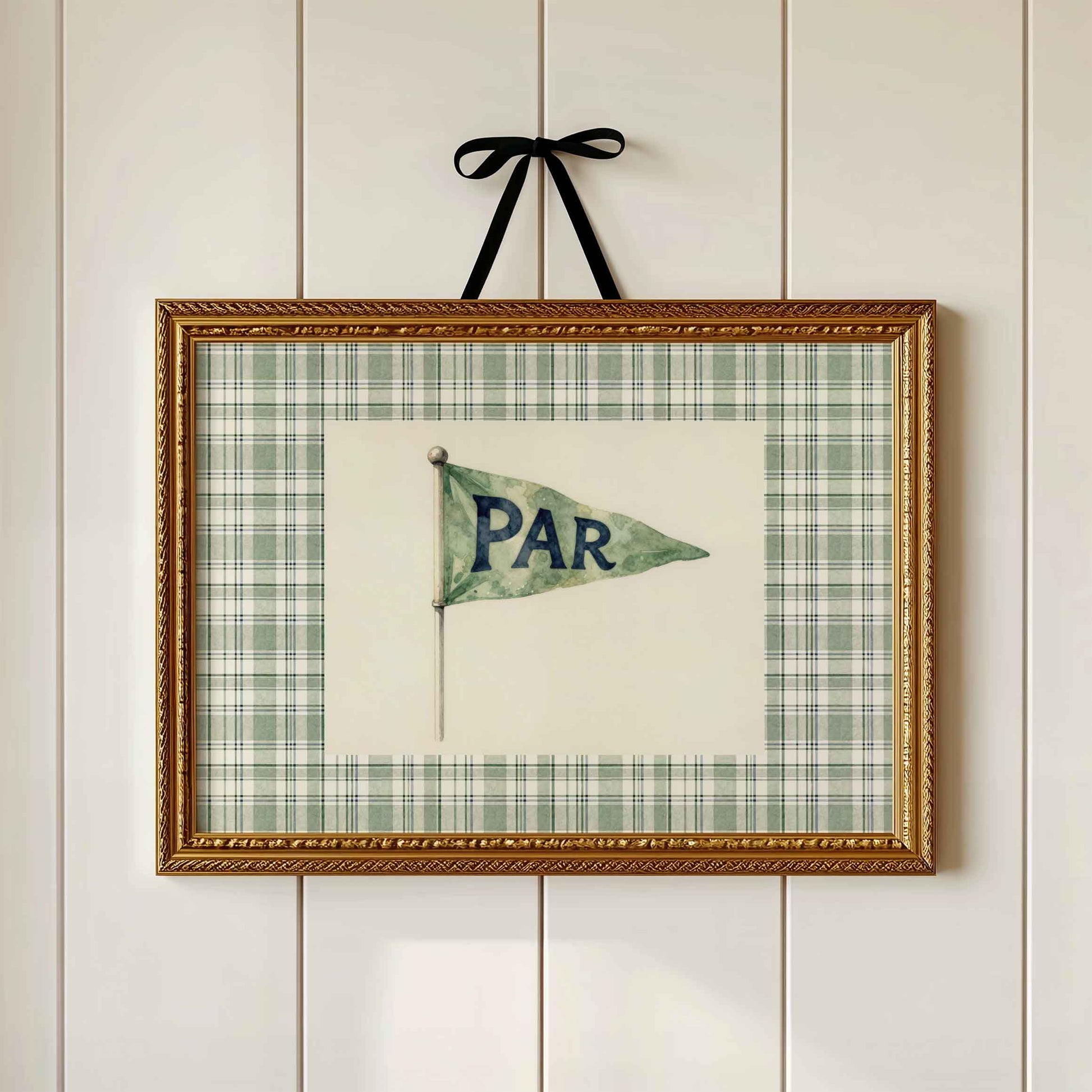 PAR pennant flag print on sage plaid styled hanging for a vintage golf nursery room