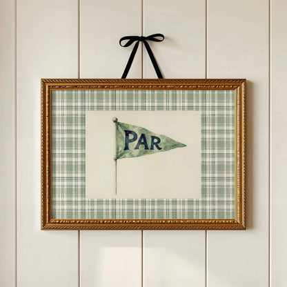 PAR pennant flag print on sage plaid styled hanging for a vintage golf nursery room