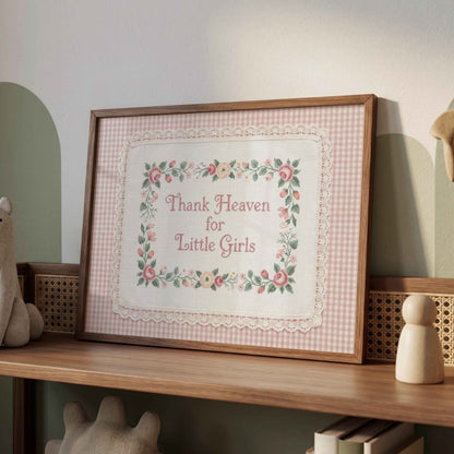 Pink check nursery print with classic rectangular lace border