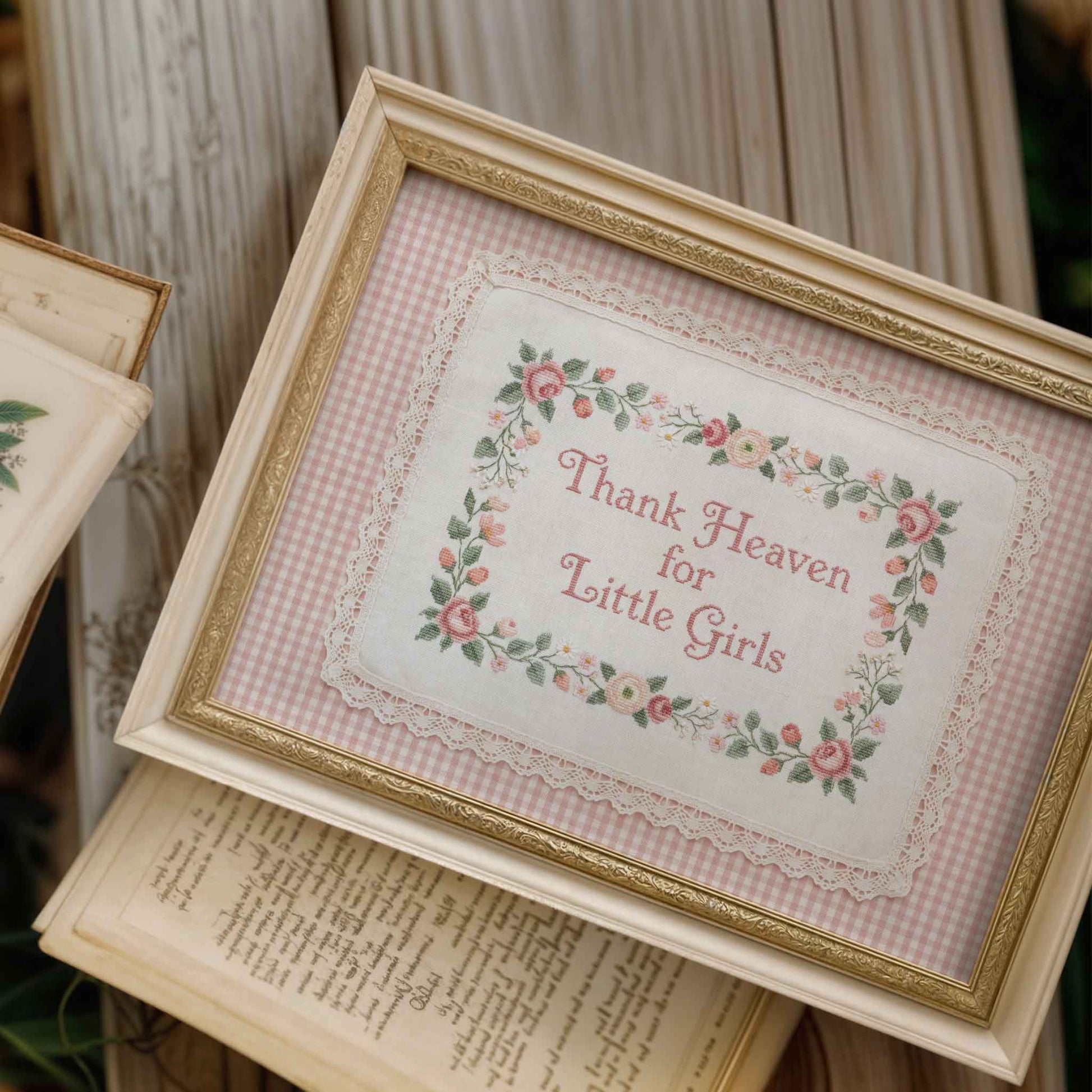 Framed Thank Heaven for Little Girls print with rose and strawberry border