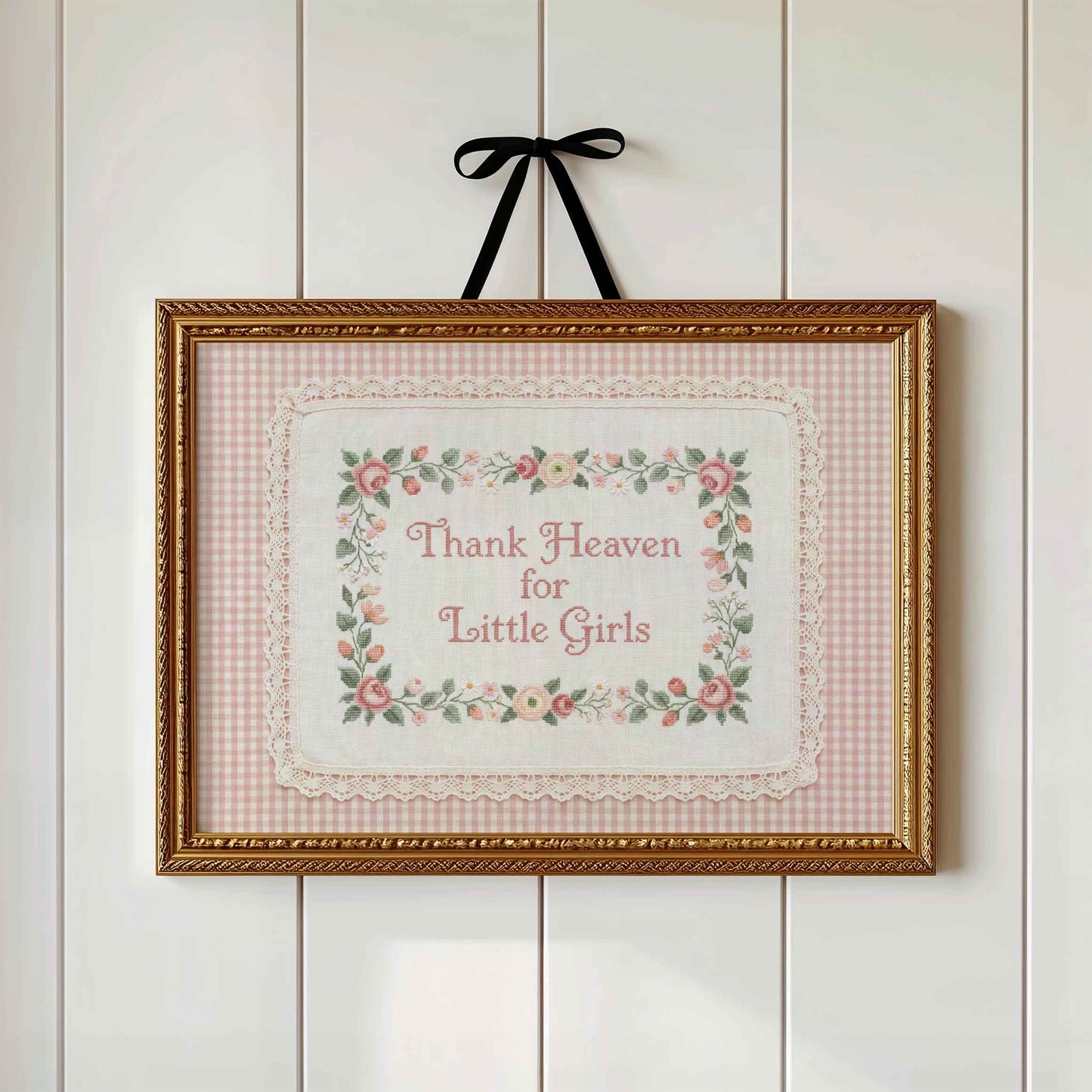 Pink check Thank Heaven for Little Girls faux embroidery print in a lace frame