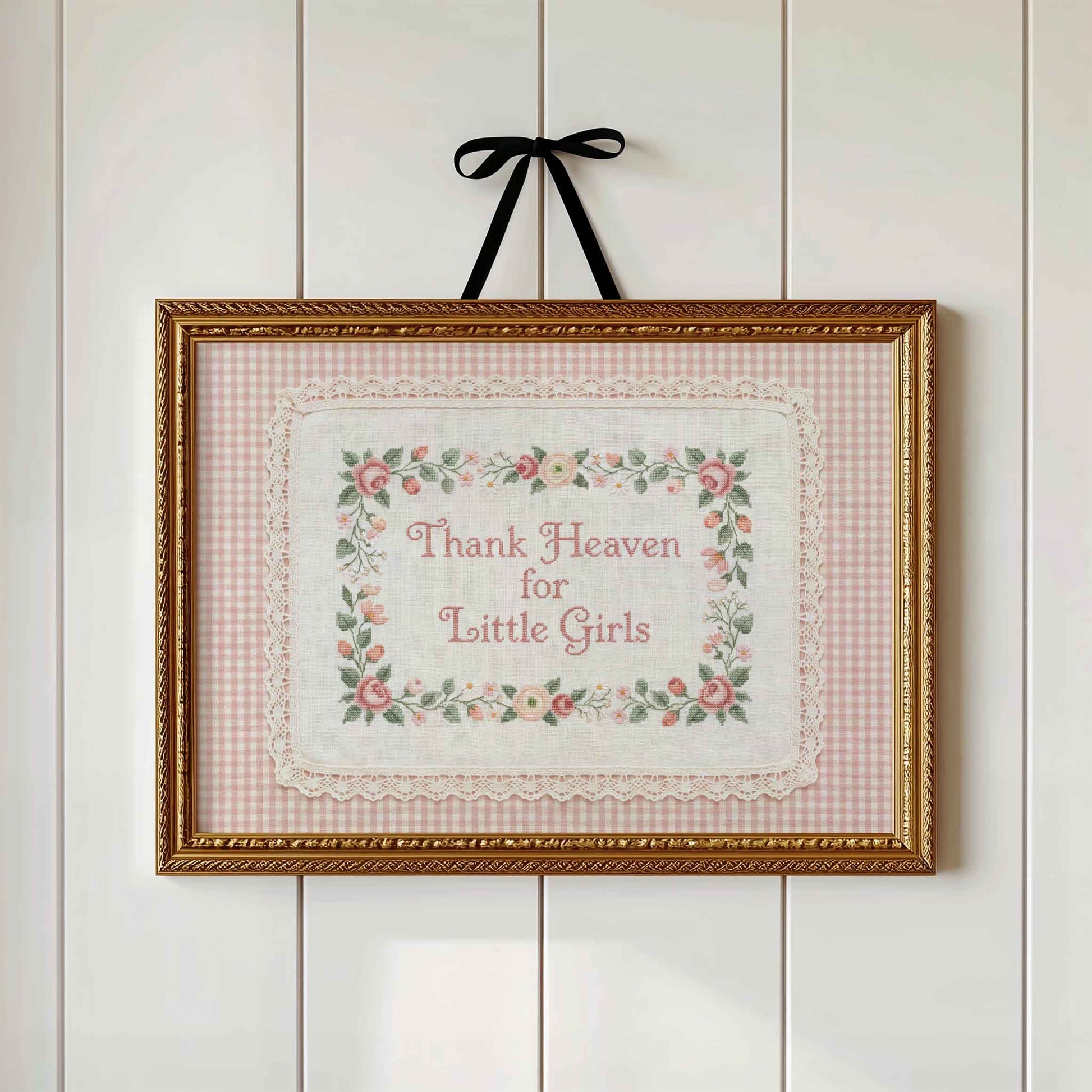 Pink check Thank Heaven for Little Girls faux embroidery print in a lace frame