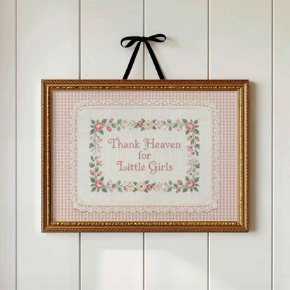 Pink check Thank Heaven for Little Girls faux embroidery print in a lace frame