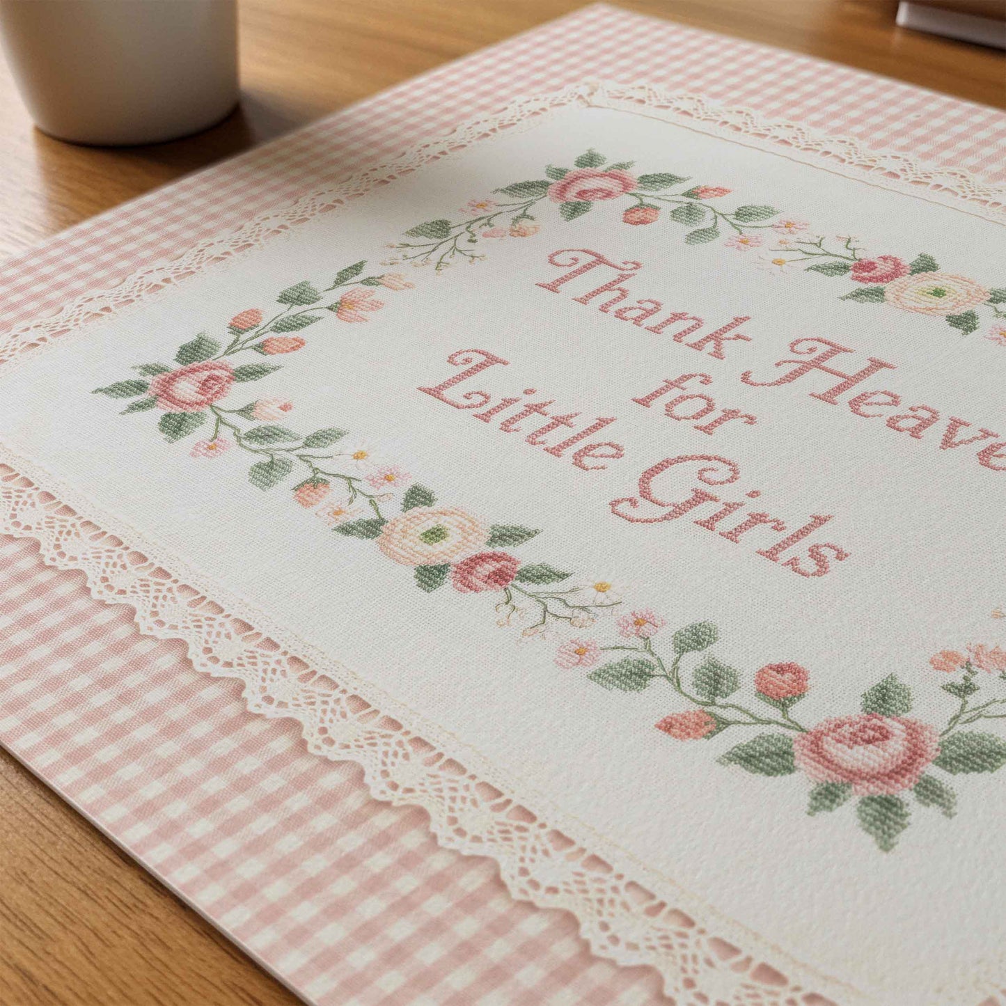 Vintage cross stitch style nursery print with pink gingham check background