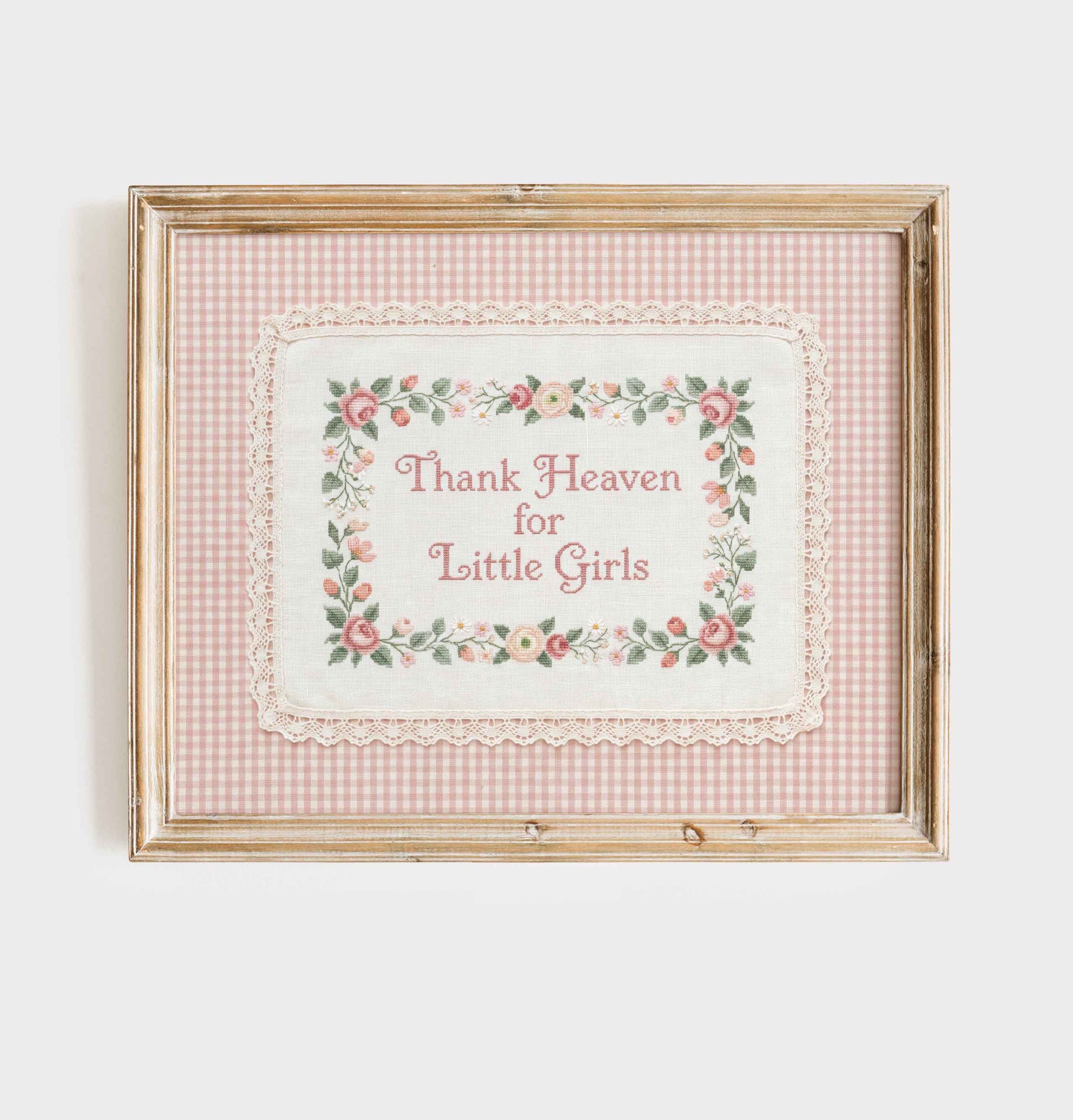 Rectangular lace nursery sign with rose pink lettering