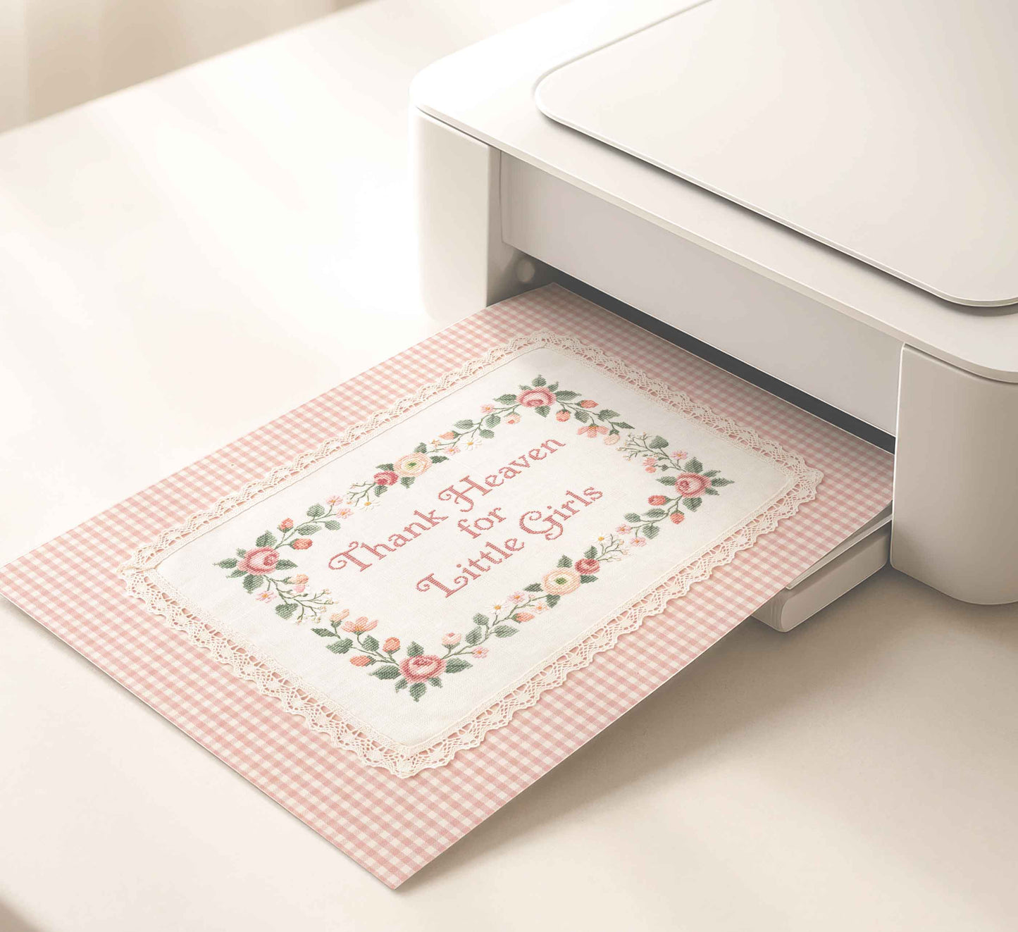 Thank Heaven for Little Girls print with embroidered strawberry cross stitch detail