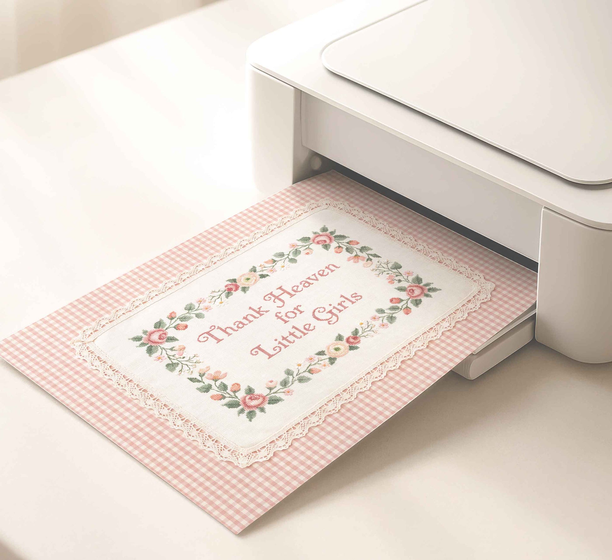 Thank Heaven for Little Girls print with embroidered strawberry cross stitch detail